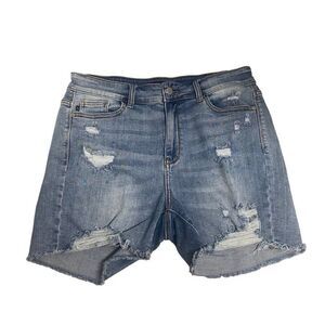 JUDY BLUE Paint Splash Raw Edge Distressed Shorts Blue Size 2XL Inseam 4”